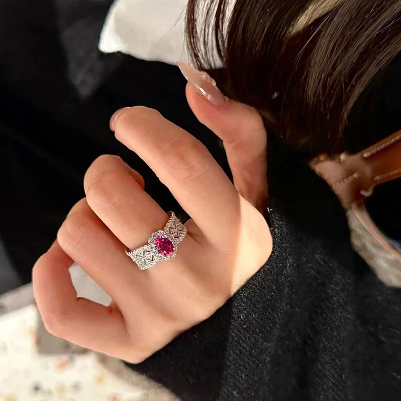 Hui Zhi Wing Jewelry New S Pure Silver 6*8 Pink Oval High-end Lace Fashion Ring for Women