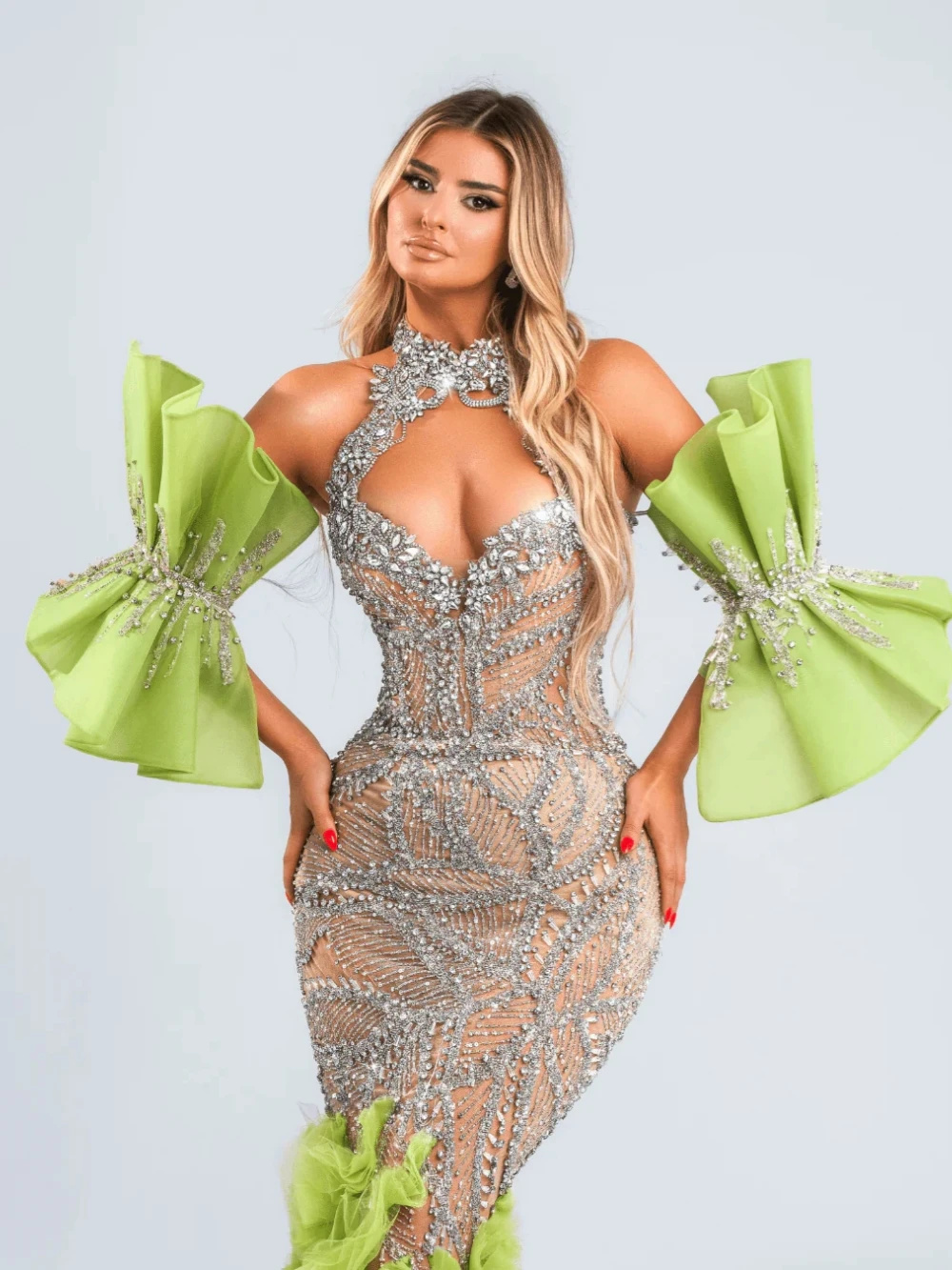 Elegant Beading Crystal Evening Dresses Customized Fashion High Neck Prom Dress Floor Length Ruffle Mermaid Party Gown