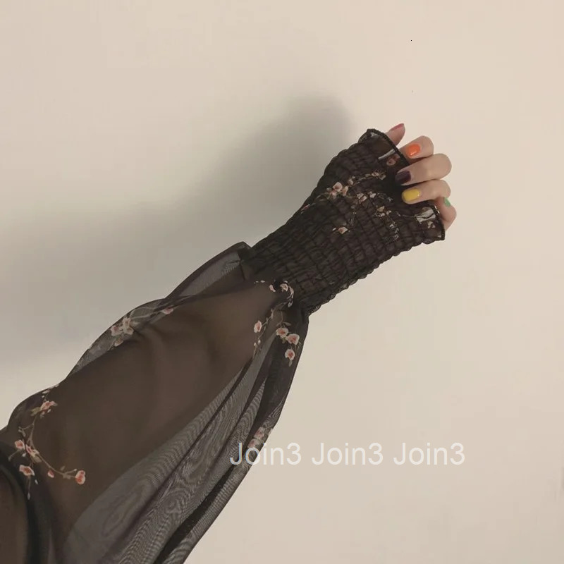 Women Sexy Black Chiffon Dress Spring Vintage Flower Long Puff Sleeve Dresses Korean Casual Mini Vestidos Elegant Clothes 13676