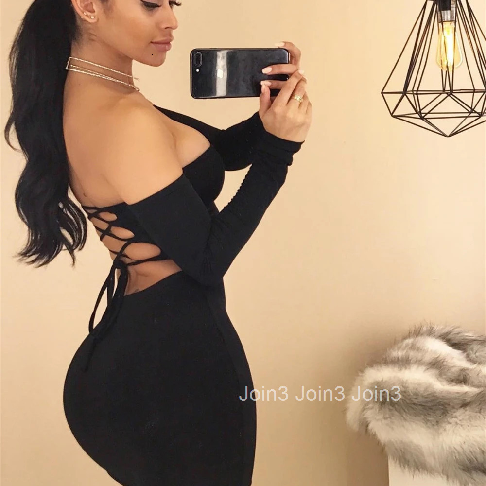 Spring New Hottie Girls Solid Sexy Hollow Out Long Sleeve Tie Waist Bodycon Strapless Hips Mini Skirts Elegant Fashionable Dress