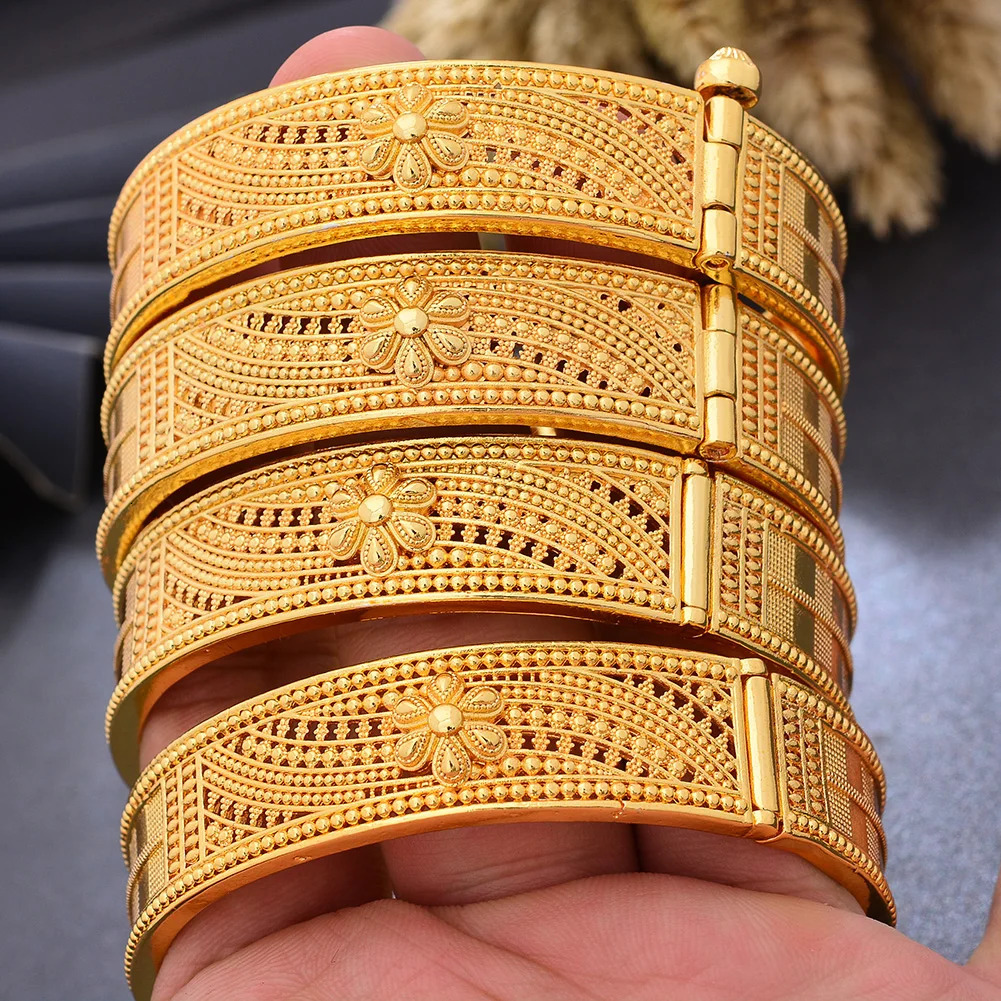 4Pcs/set Big Ethiopia 24k Dubai Gold Color Bangles For Women African Party Wedding Flower Gifts Bangles Bracelets Jewelry Gifts 250805