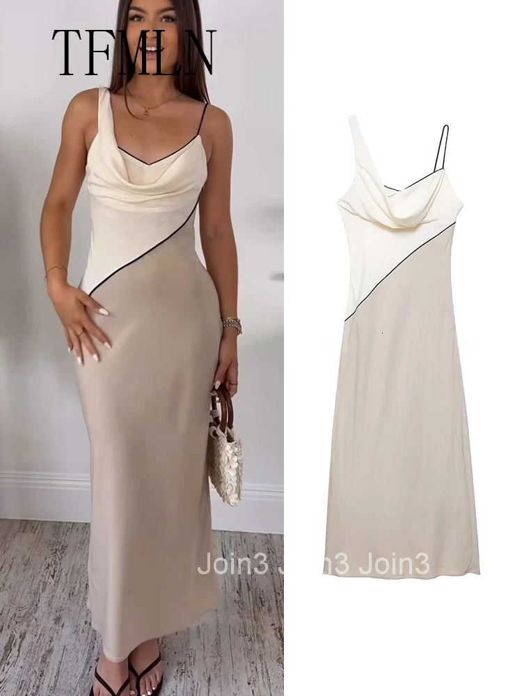 TFMLN Elegant Women Patchwork Slim Strap Dress Summer Pile Collar Sleeveless Beach Party Dress Sexy Asymmetrical Midi Dress