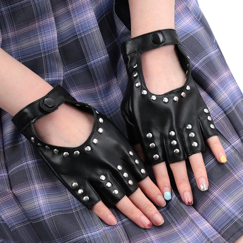 Black Gothic Rivets Fingerless Gloves Semi-Fingers Breathable Driving Men Women Pu Leather Punk Gloves Halloween Dance Gloves 250806