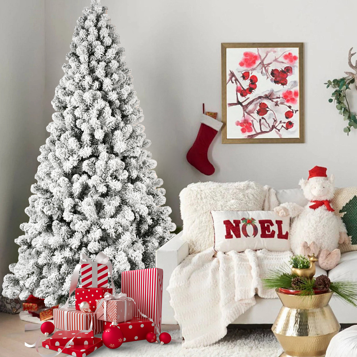 Prelit PVC Flocked Christmas Tree with Warm White Lights, Memory Wire, Foldable Base, for Holiday Decorations 2025