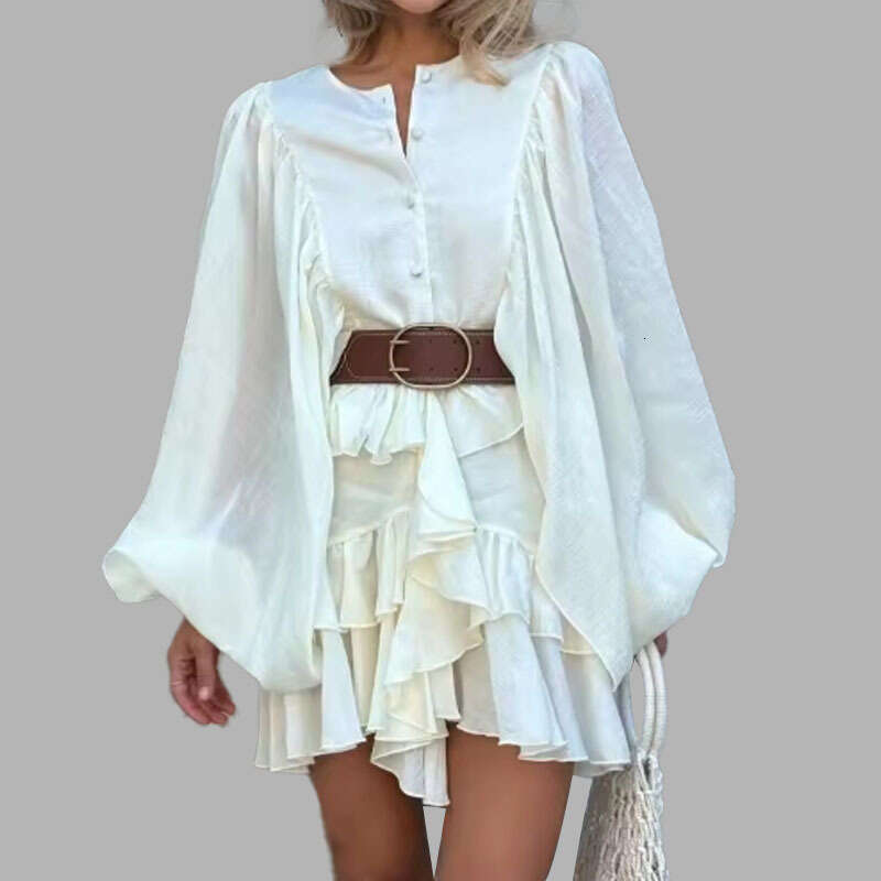 Spring Fashion New Casual Elegant Solid Color Ruffle Long Sleeve Dress B5