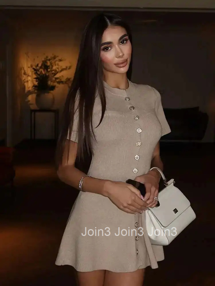 Women Elegant Contrast Single Breasted Knitted Mini Dress Fashion O Neck Short Sleeve A Line Vestidos Female Summer PLQ7