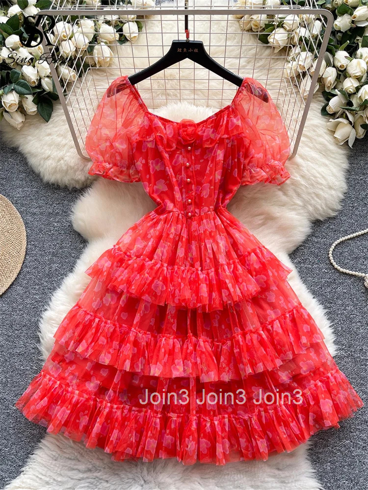Senior Floral Short Dress Female Puff Sleeves 3D Flower Elastic Waist Slim Fit Chic Edible Tree Fungus Mesh Sundress