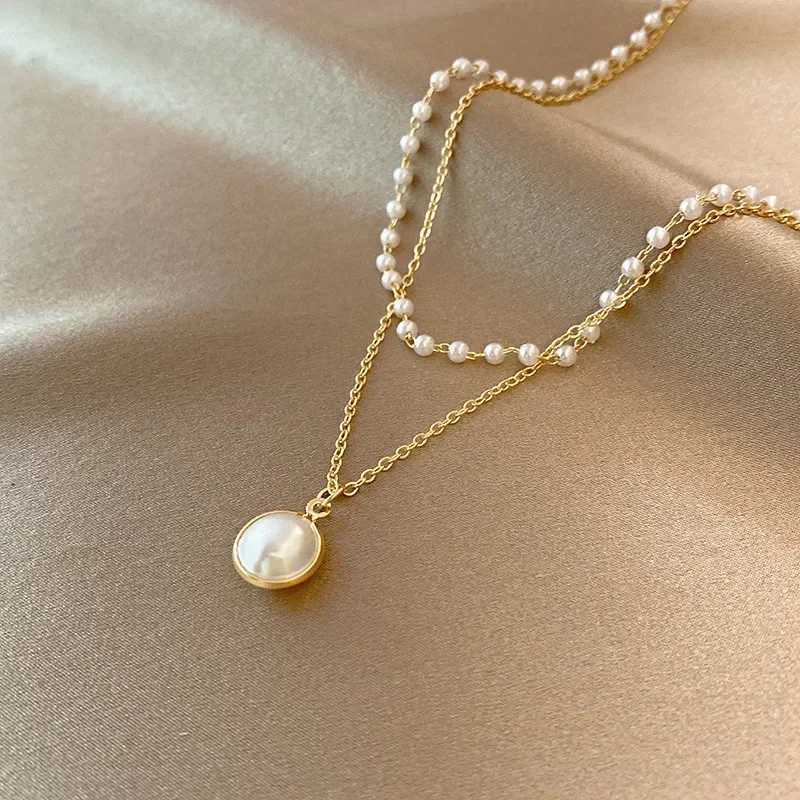 2025 New Womens Pearl Necklace Kpop Gold Color Beads Pendant Necklaces Goth Double Layer Chain Choker for Women Fashion Jewelry Y250805