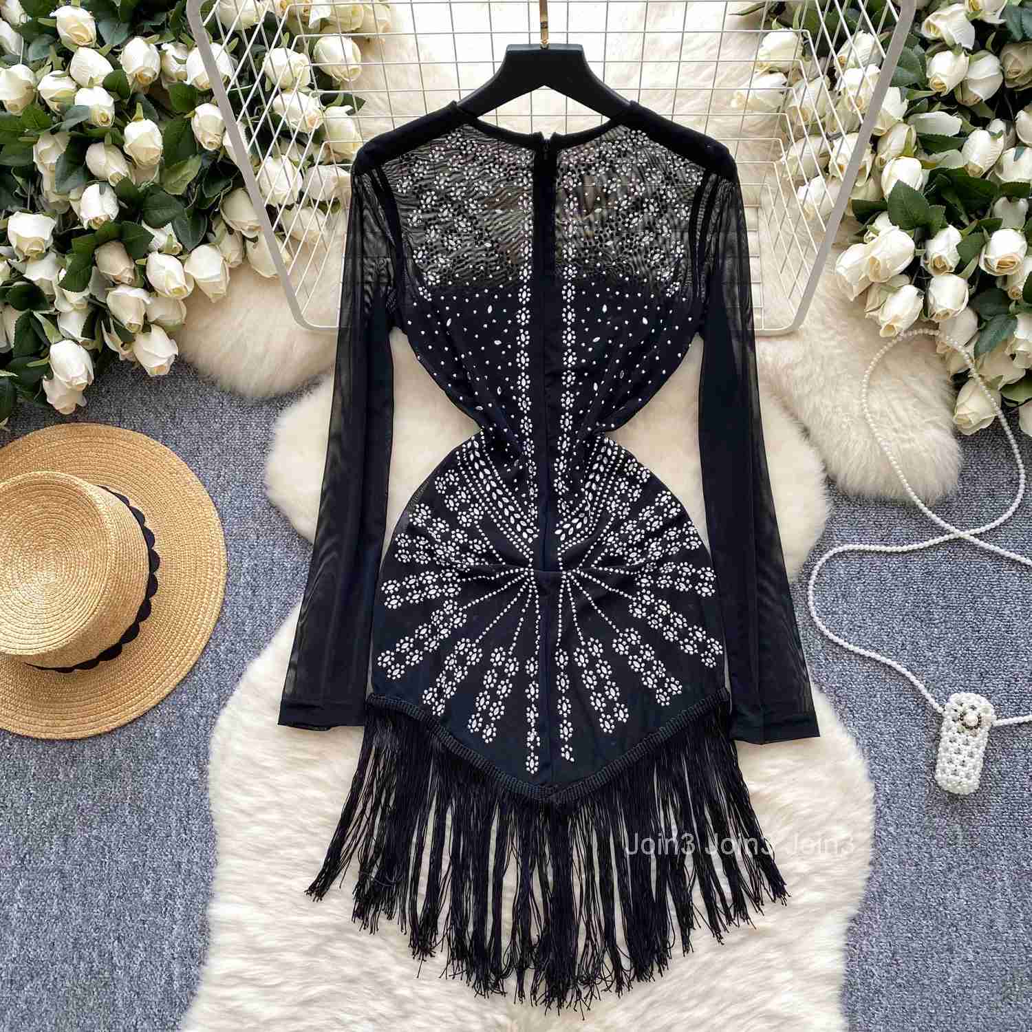 Elegant Long Sleeves Vintage O-neck Chic Rhinestone Tassel Slim Mesh Dresses Evening High Street Autumn Women Elastic Clothing