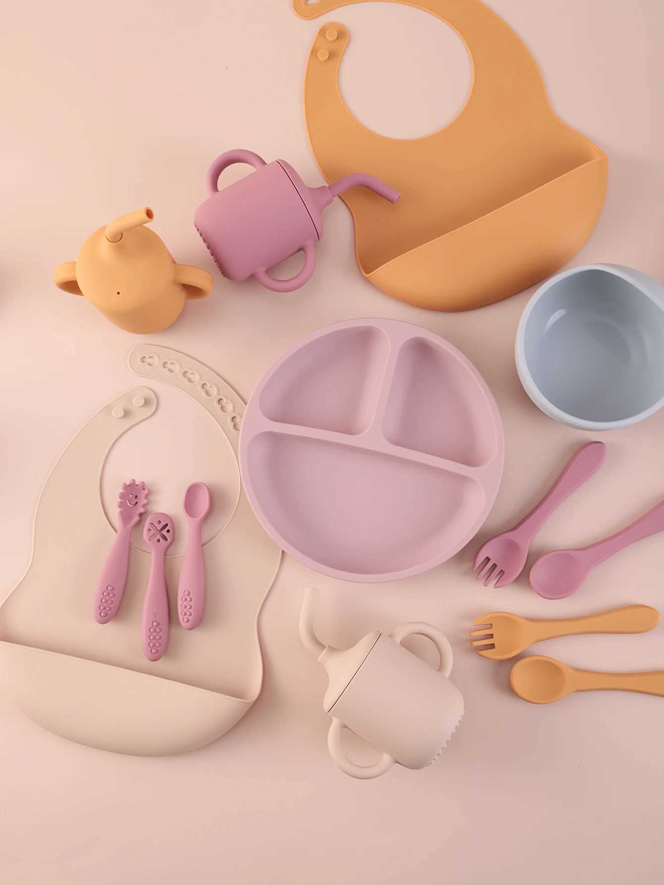 9PCS Silicone Baby Feeding Set Suction Plates Bowl Bib Sippy Cup BPA Free Toddler Self Weaning Essentials Tableware X250806