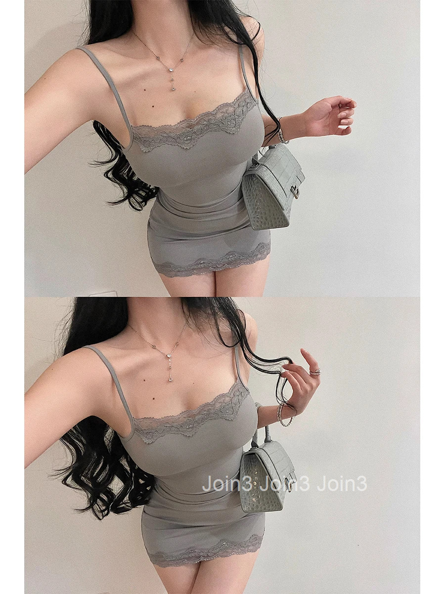 Sexy Tight Slimming Lace Patchwork Bottom Strap Dress Elegant Short Sweet Fashion Korean Women Mini Dress Tank Tops A7XP