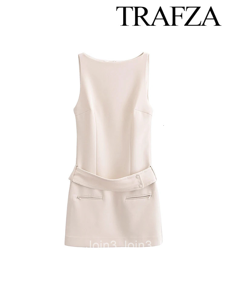 TRAF Womens Summer Solid Colour Sleeveless Round Neck Mini Dress Elegant Belt Decoration Zipper Casual Womens Short Dresses