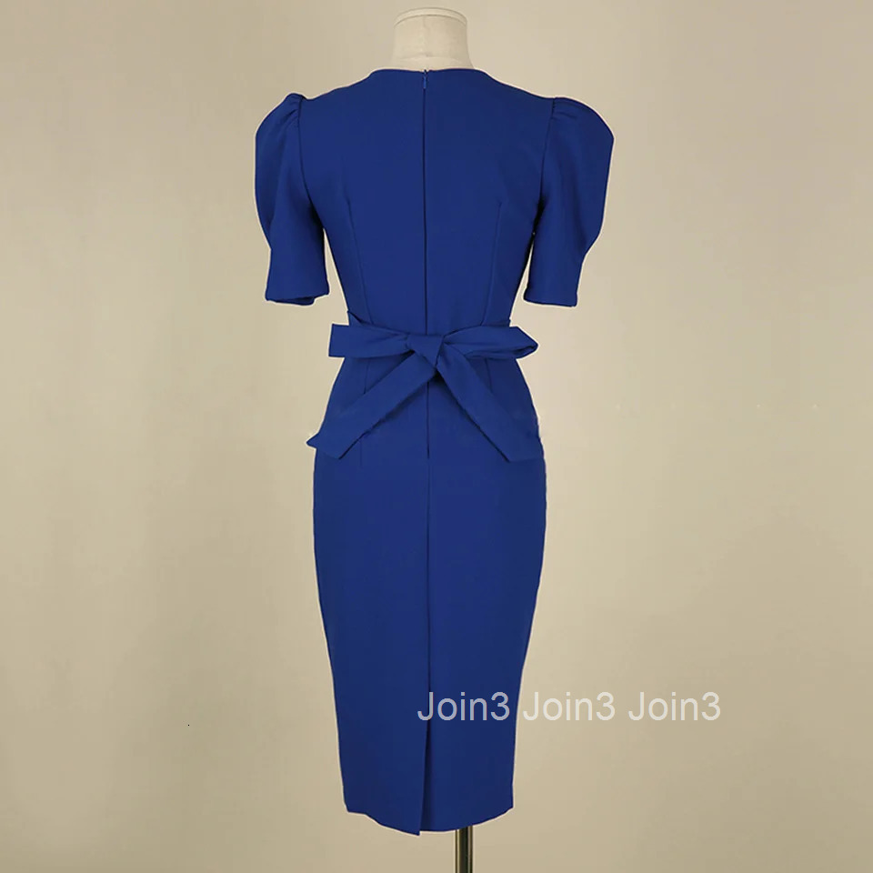 Blue Office Lady Dress Spring High Waist Pencil Fashion Simple Puff SleeveTemperament Women Elegant Party Dress Women