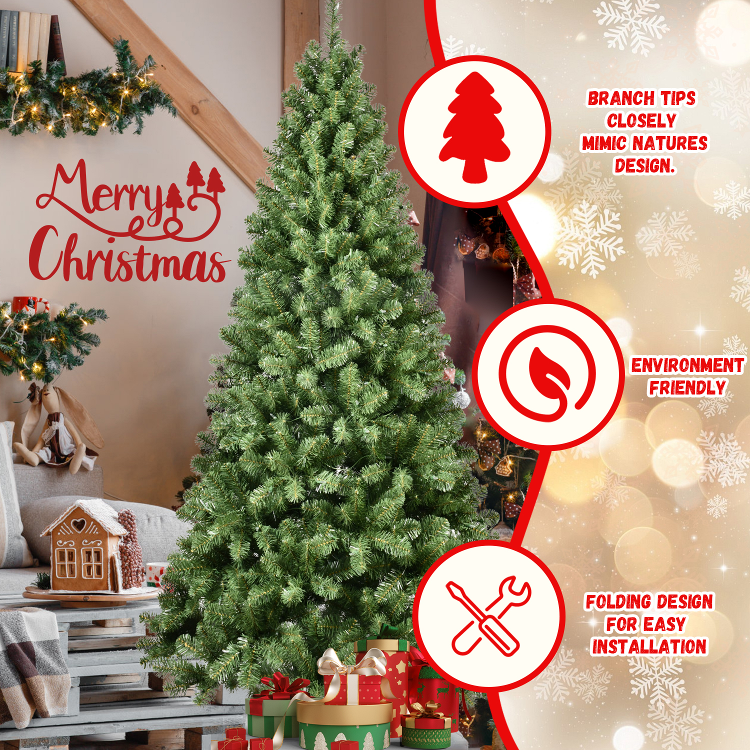 Prelit PVC Christmas Tree with Warm White Lights, Memory Wire, Green, Foldable Base, for Holiday Decorations 2025