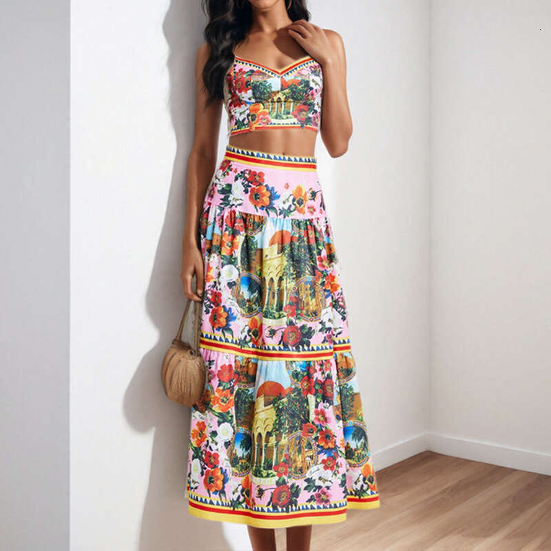 Women's Printed Strapless Camisole Top + High Waist Skirt Fashion Two-Piece Set For Women B5