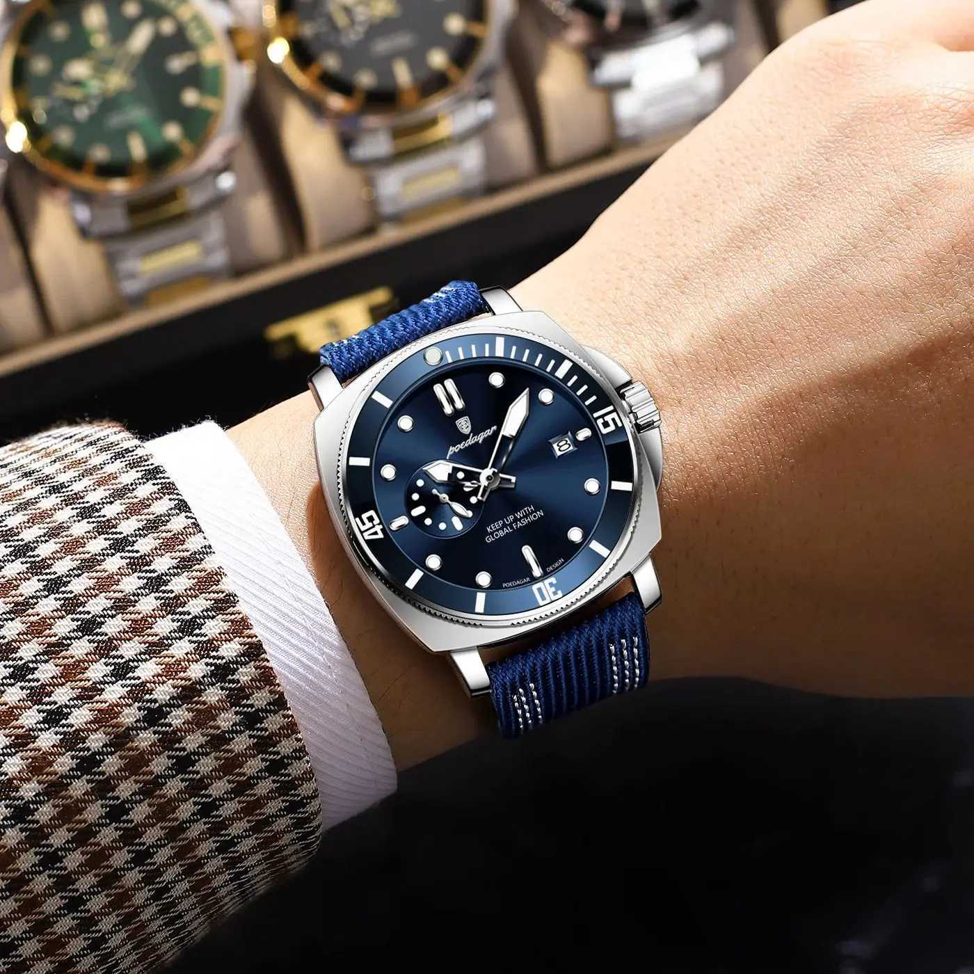 POEDAGAR Fashion Luxury Mens Wrist Luminous Waterproof Date Sports Watch for Men Business Nylon Leather Quartz Mens W250806