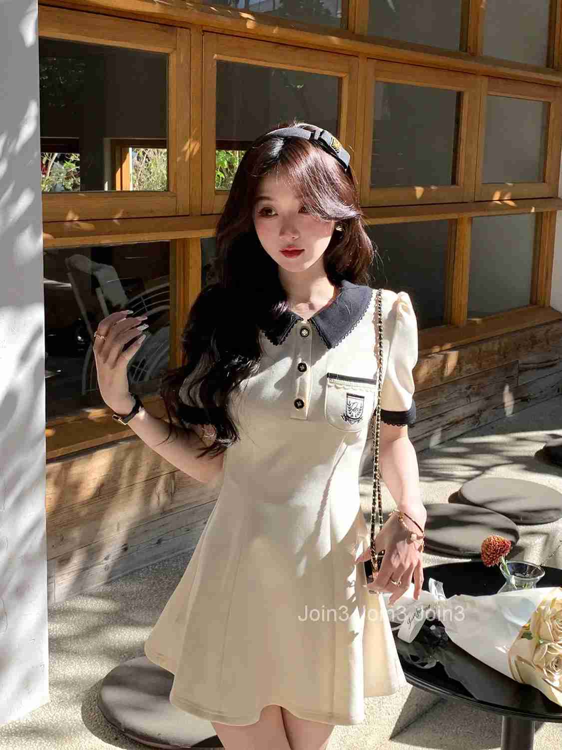 Hebe Style Polo Collar Little Black Dress Sweet Fashion New Ladys Patchwork Embroidered Midi Dress Womens Clothing