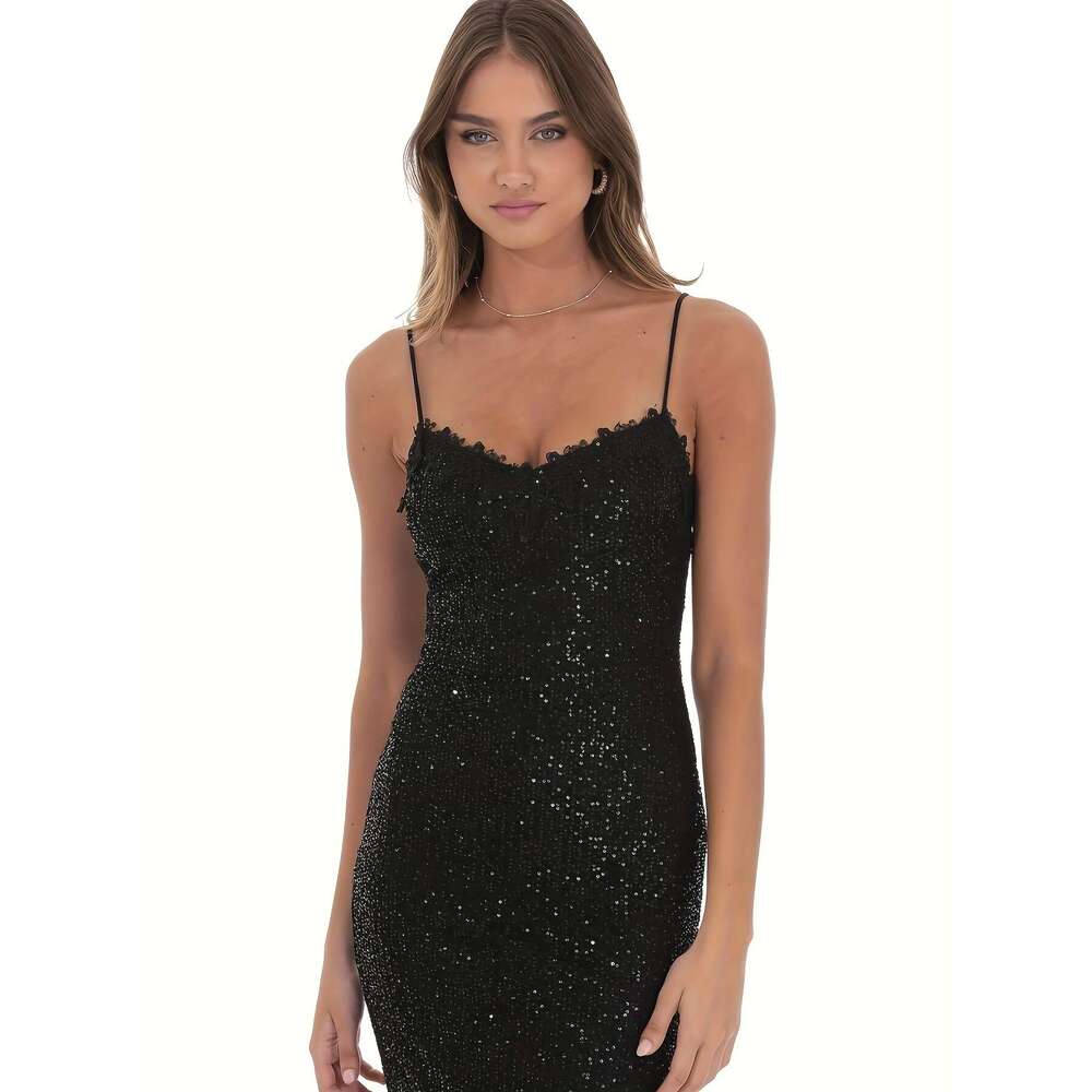 French Style Black Sequin Strap for Women, High-End Bodycon Birthday Party Annual Meeting Short Dress Long Skirt