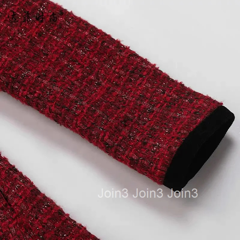 Fall Winter French Vintage High Quality Wine Red Thick Tweed A Line Dress Lady Elegant O Neck Long Sleeve Slim Party Dress