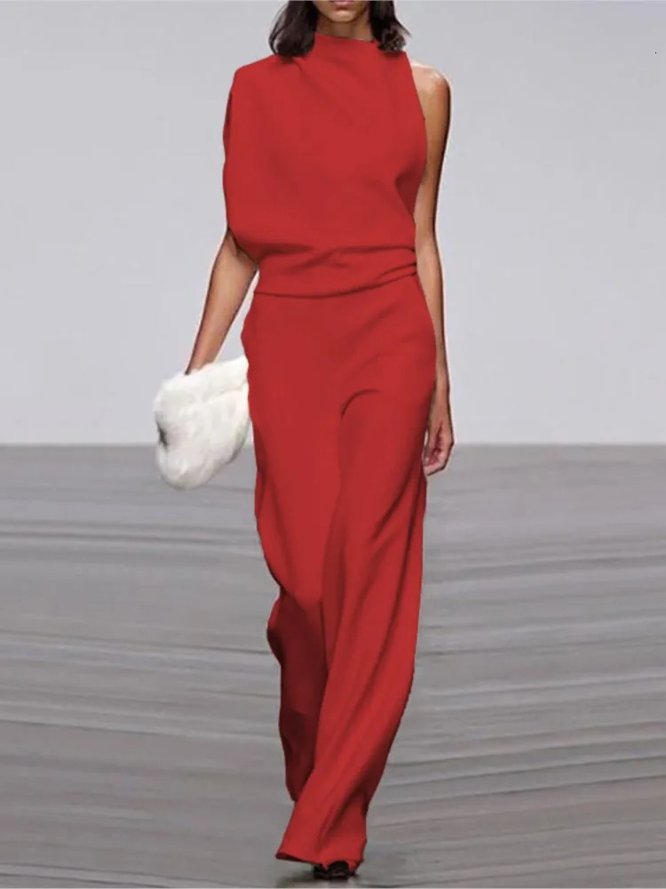 Solid Color Irregular Sleeveless Jumpsuits Women Fashion Temperament Sexy Backless Folds Slightly Flared Jumpsuit Female 2025 250804