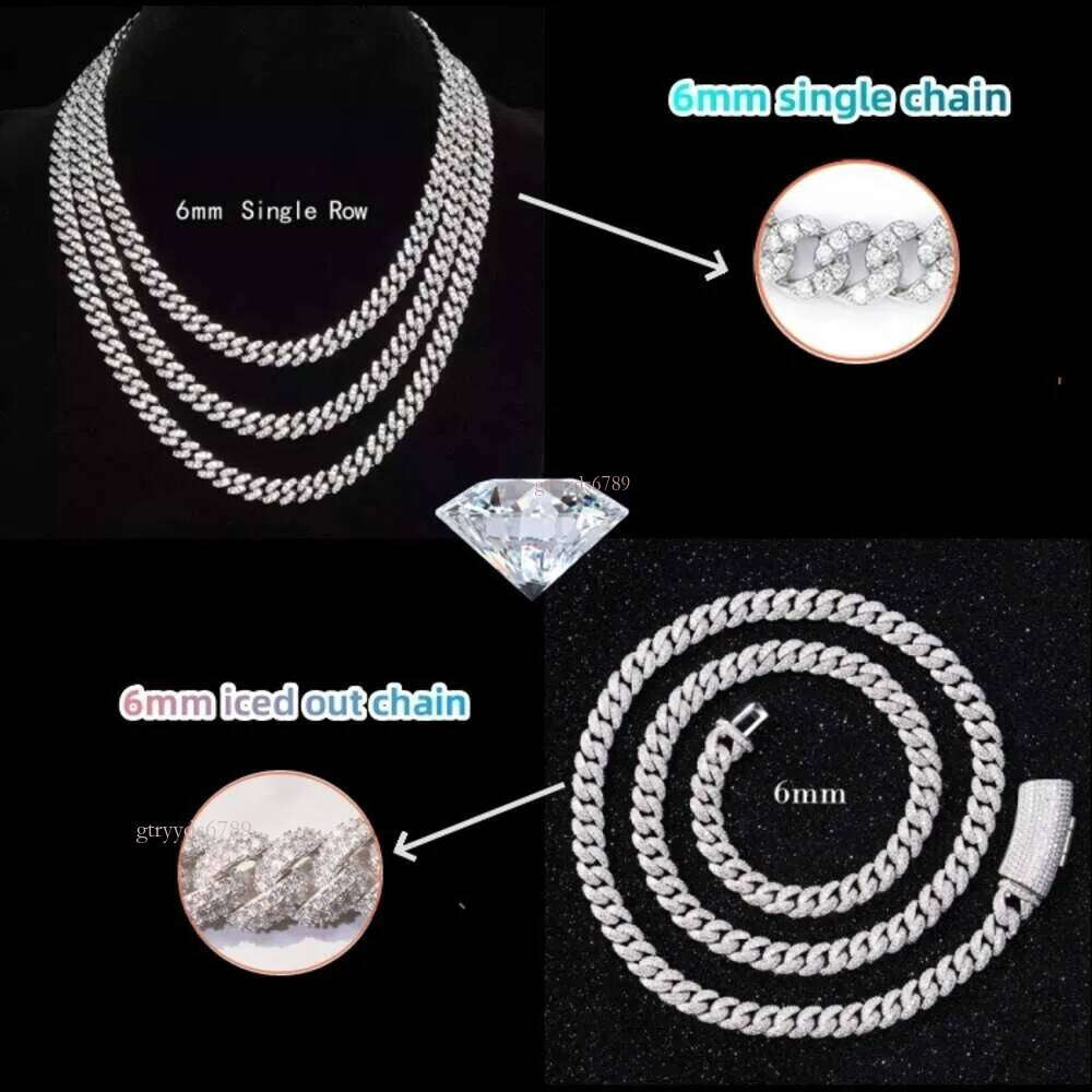 Hiphop Jewelry 6mm S Sterling Sier D color VVS Moissanite Necklace Cuban Link Chain