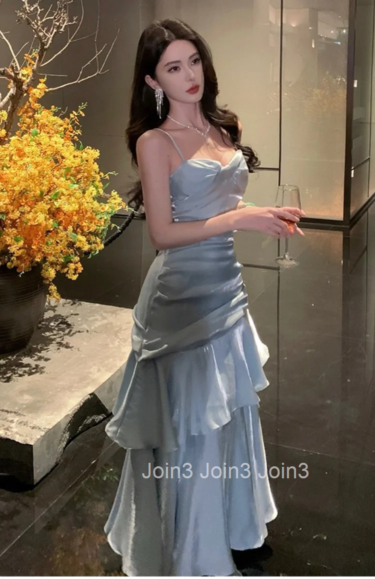 Elegant Spaghetti Strap Ruffles Womens Evening Dresses Fashion Princess Party Sleeveless Dress Summer Slim Waist Vestidos