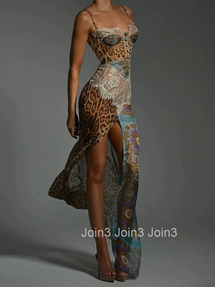 OIINAA Dress for Women Cheetah Print Halter Lace Spliced Dresses Elegant Chiffon Slit Cut Dress Summer Spice Girls Dresses