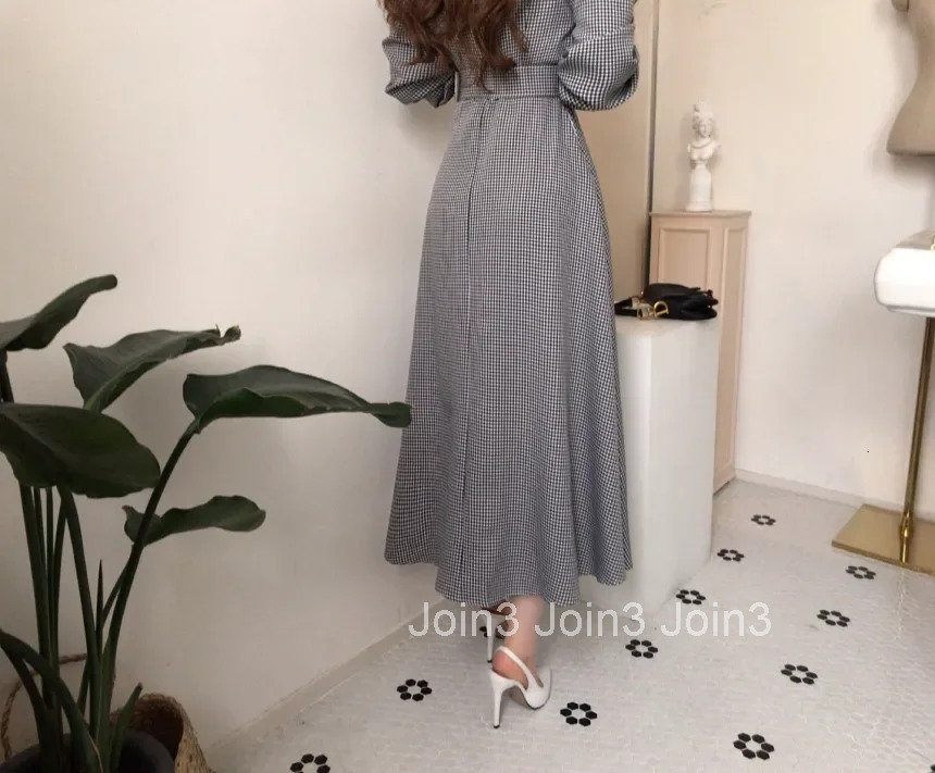 Korean Chic Temperament Single-breasted Lapel Plaid Dress Sashes Slim High Waist Puff Long Sleeve Vestido Feminino Elegant Fall