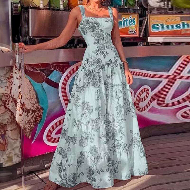 Women's New Printed High Waist Strap Flared Spring Dress Women 661 B5