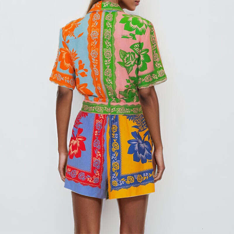 Spring New Women's Clothing Color Block Short Sleeve Collar Printed Fashion Casual Jumpsuit B5