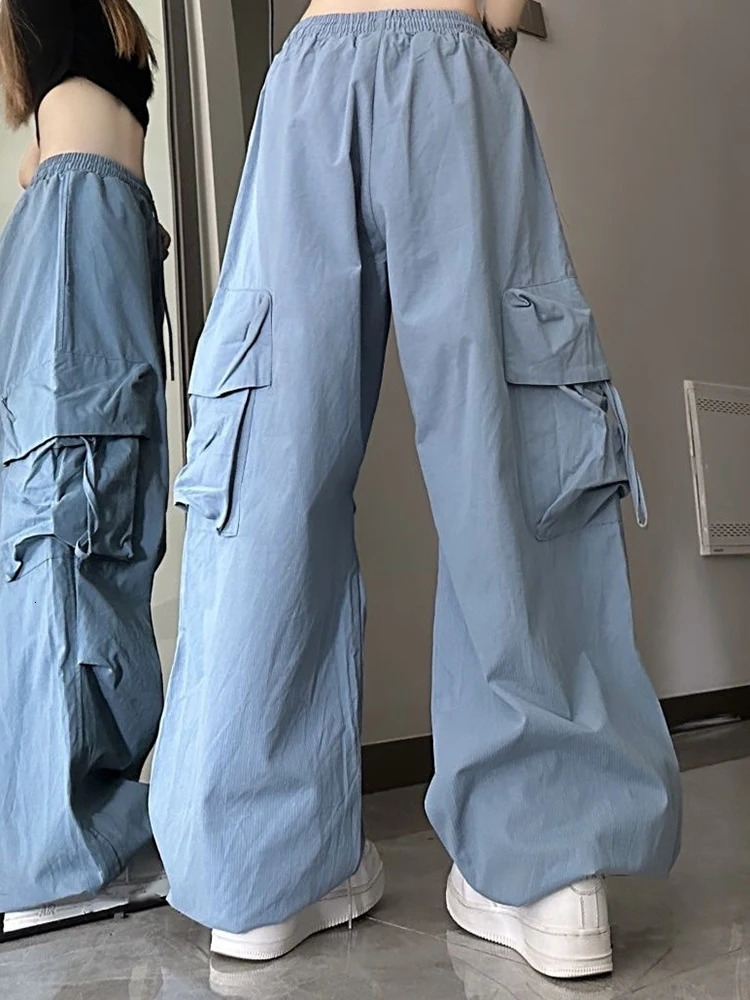 Women Korean High Waisted Slacks Lady Japanese 2000s Style Y2k Lace Up Cargo Trousers Female Yellow Pink Blue Black Joggers 250806