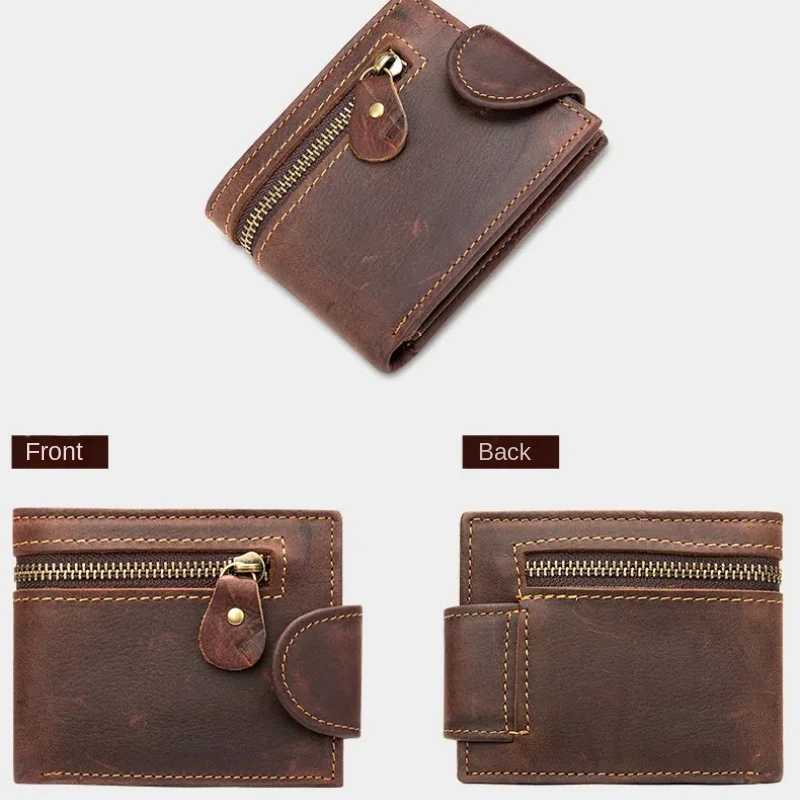 Mens Crazy Horse Leather Short Wallet Genuine Leather Buckle Wallet Vintage Top Layer Cowhide Card Holder Multi-Card Wallet XJ250806