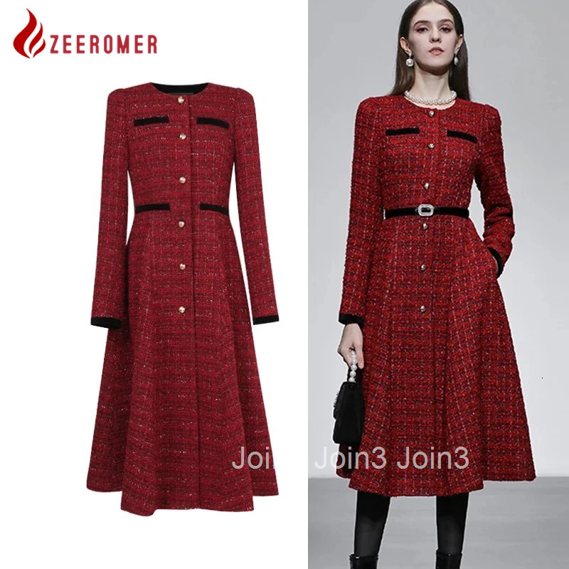 Fall Winter French Vintage High Quality Wine Red Thick Tweed A Line Dress Lady Elegant O Neck Long Sleeve Slim Party Dress
