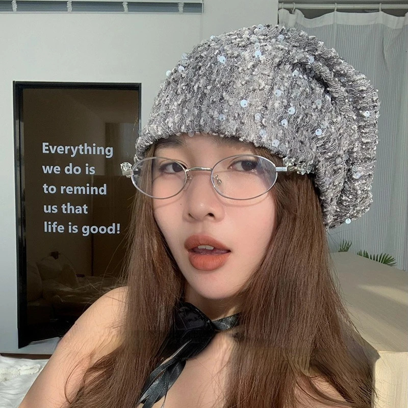Korean Version Thin Sequin Pile Cap Fashionable Men Women Spicy Y2k Girl Headband Cap Breathable Versatile Pullover Cap 250730