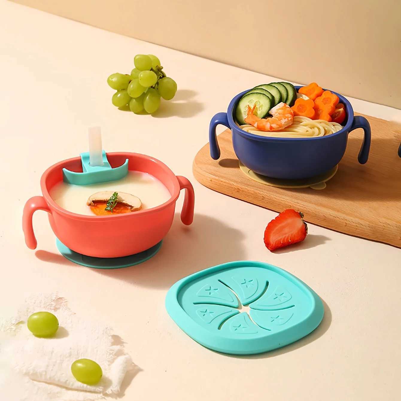 3-in-1 Baby Snack Bowl with Silicone Straw Cover Detachable Suction Kids Soup Bowl with Handle Portable Handle Cup for Outdoor X250806