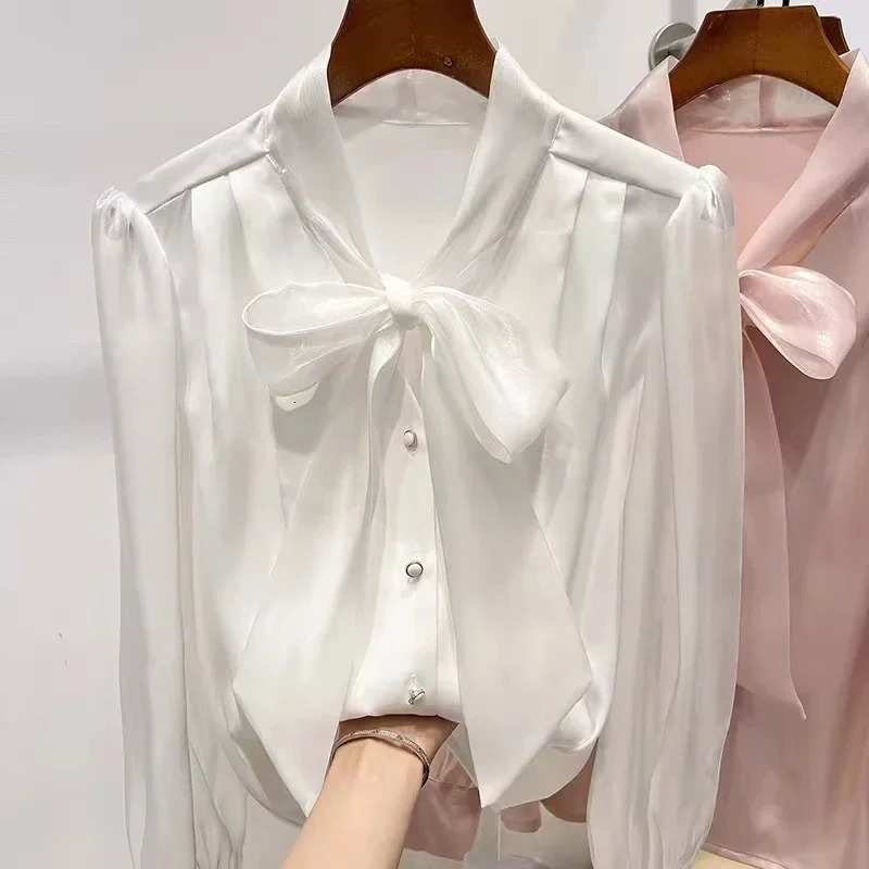 Chiffon Blouse Women Long Sleeve Ribbon Elegant Blouse for Women Korean Fashion Shirts and Blouses Autumn Womens Clothing 250806