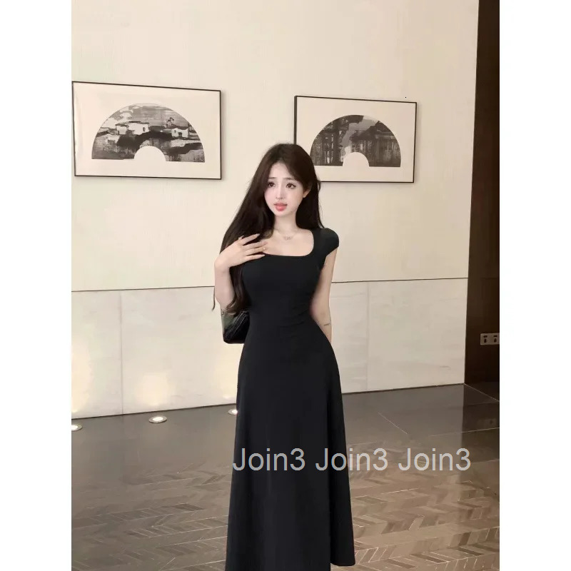 Elegant High-end Feel French Style Square Collar Short Sleeves Dress Slimming Womens Waist-fitted Long Skirt