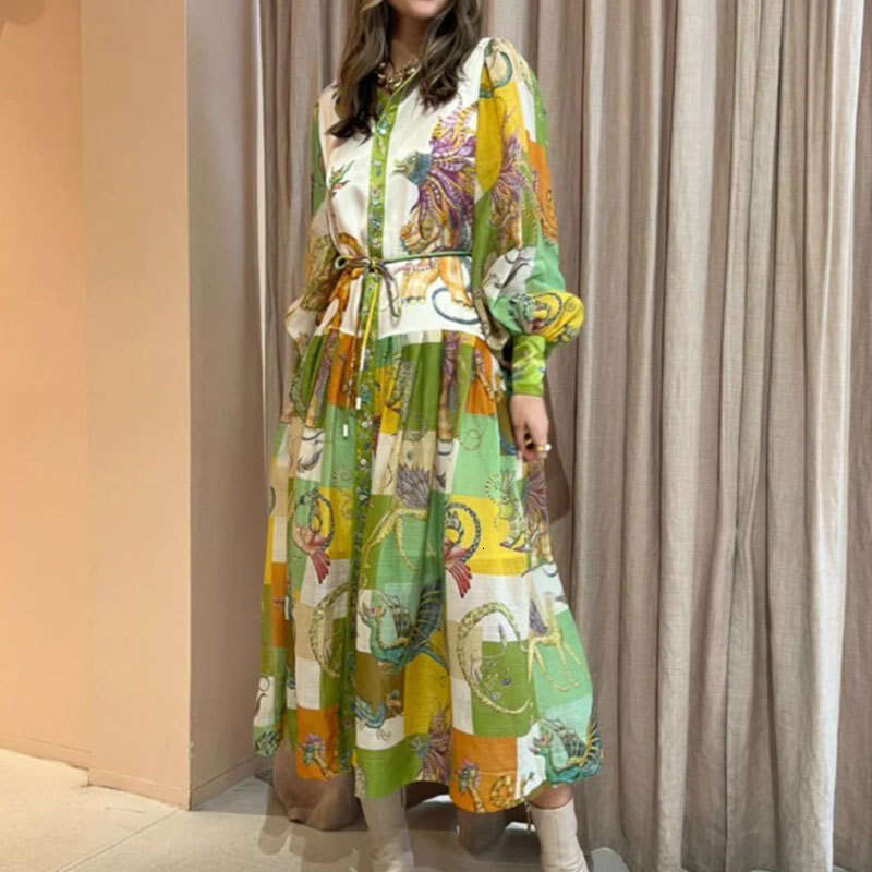 Women's New Style Elegant Turn-Down Collar Lantern Sleeve Ruffle Hem Spring Dress B5