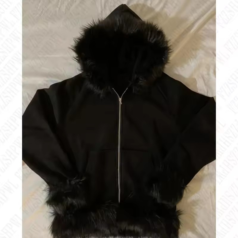 Mens Grunge Goth Y2K Zipper Hoodie Plush Splicing Hat Casual Loose Street Clothing Harajuku Fashion Hoodie Sportswear 241213