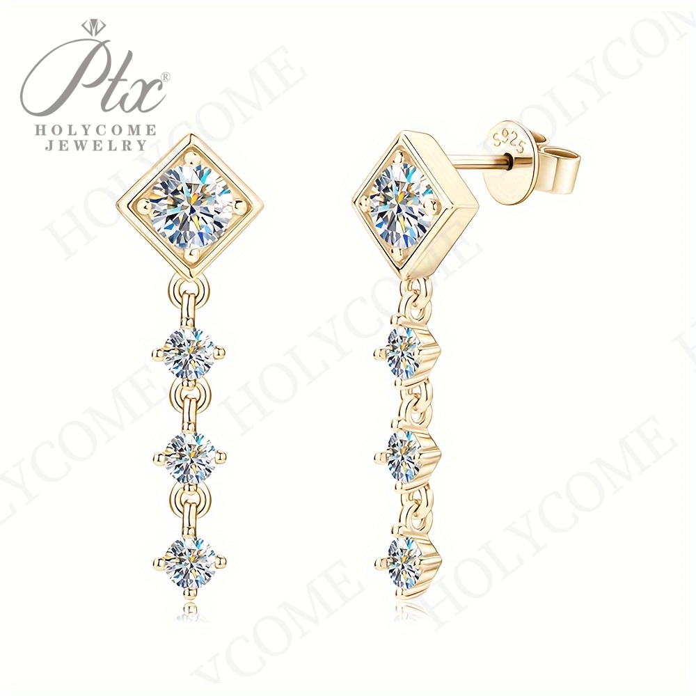 Rhombus Round Full D Moissanite Drop Stud Earrings for Women Real 925 Sterling Silver Original High Quality Fine Jewelry Trend Accessories Anniversary