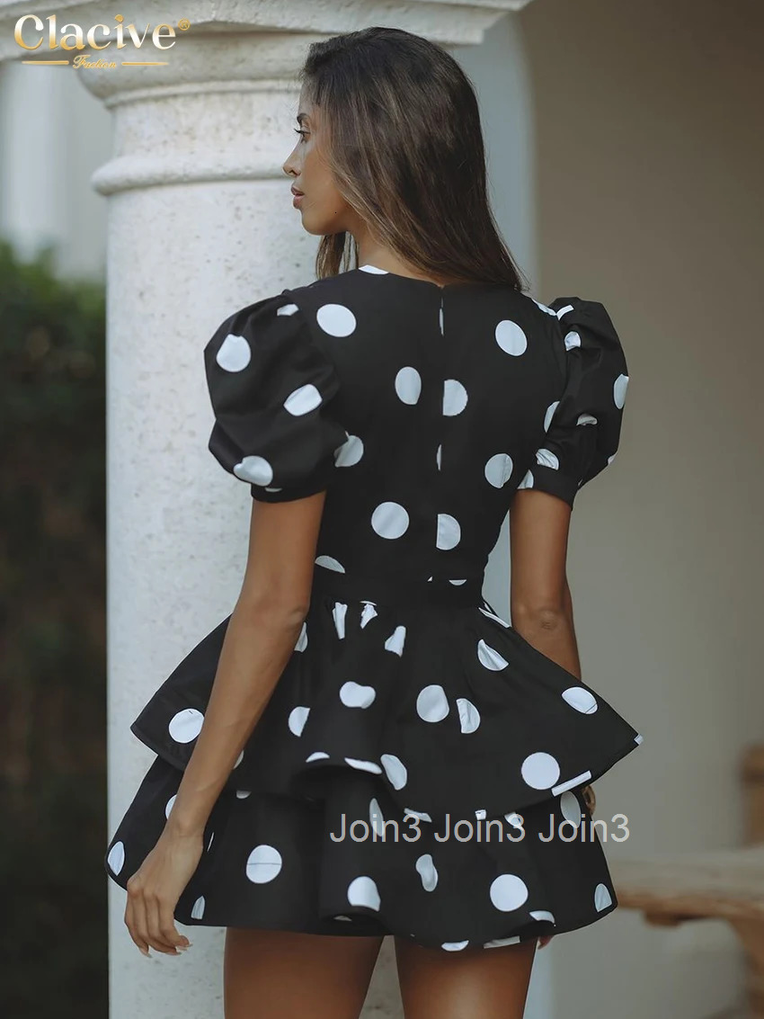 Clacive Sexy Slim Print Womens Dress Summer V-Neck Short Sleeve Mini Dresses Elegant Classic High Waist Pleated Female Dress