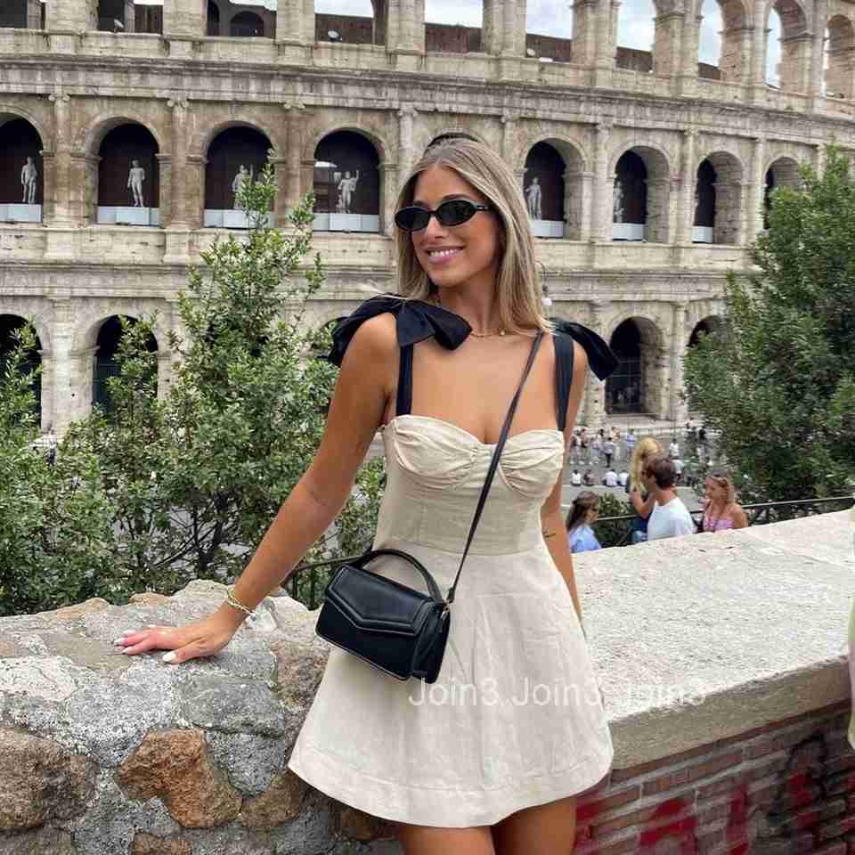 PB ZASpring New Womens Fashion and Elegance Slim Fit Versatile Linen Blended Contrast Bow Decoration Mini Dress