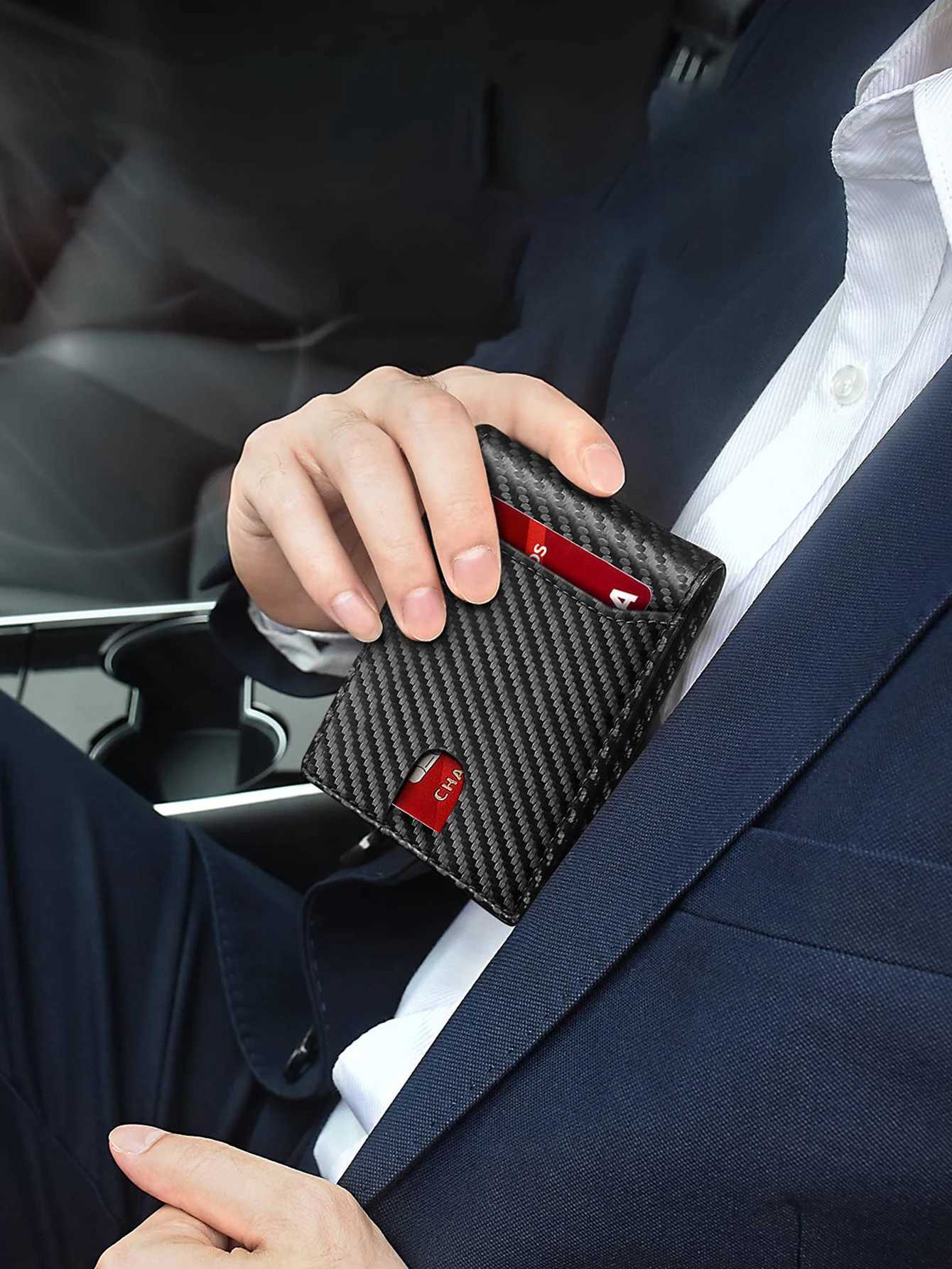 Mens Ultra-Thin RFID Double Fold Wallet Minimalism Carbon Fiber Pattern Ultra-Thin Card Holder Fashionable Wallet with ID Window XJ250806