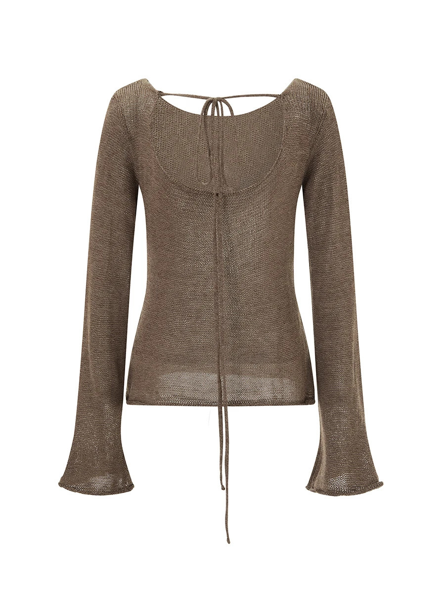 Women Sweater Backless Tie-up Long Sleeve Pullover Knit Tops See Through Beach Sexy Casual Loose Shirts Y2K Aesthetic Clothes 250806