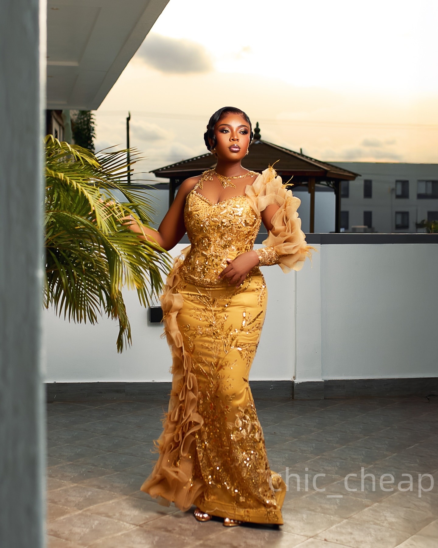 Mermaid Gold Prom Dresses 2025 Beaded Sequined Lace Sparkly Evening Formal Party Second Birthday Engagement Gowns Plus Size Dress For Special Occasion
