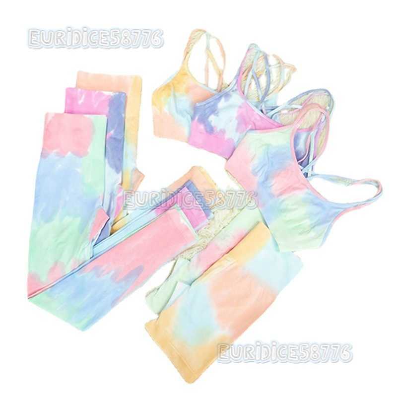 New Seamless Tie-dye Yoga Outfit Sports Set High Waist Hip-lifting Fitness Pants Double Strap Backless Bra Shorts H250806