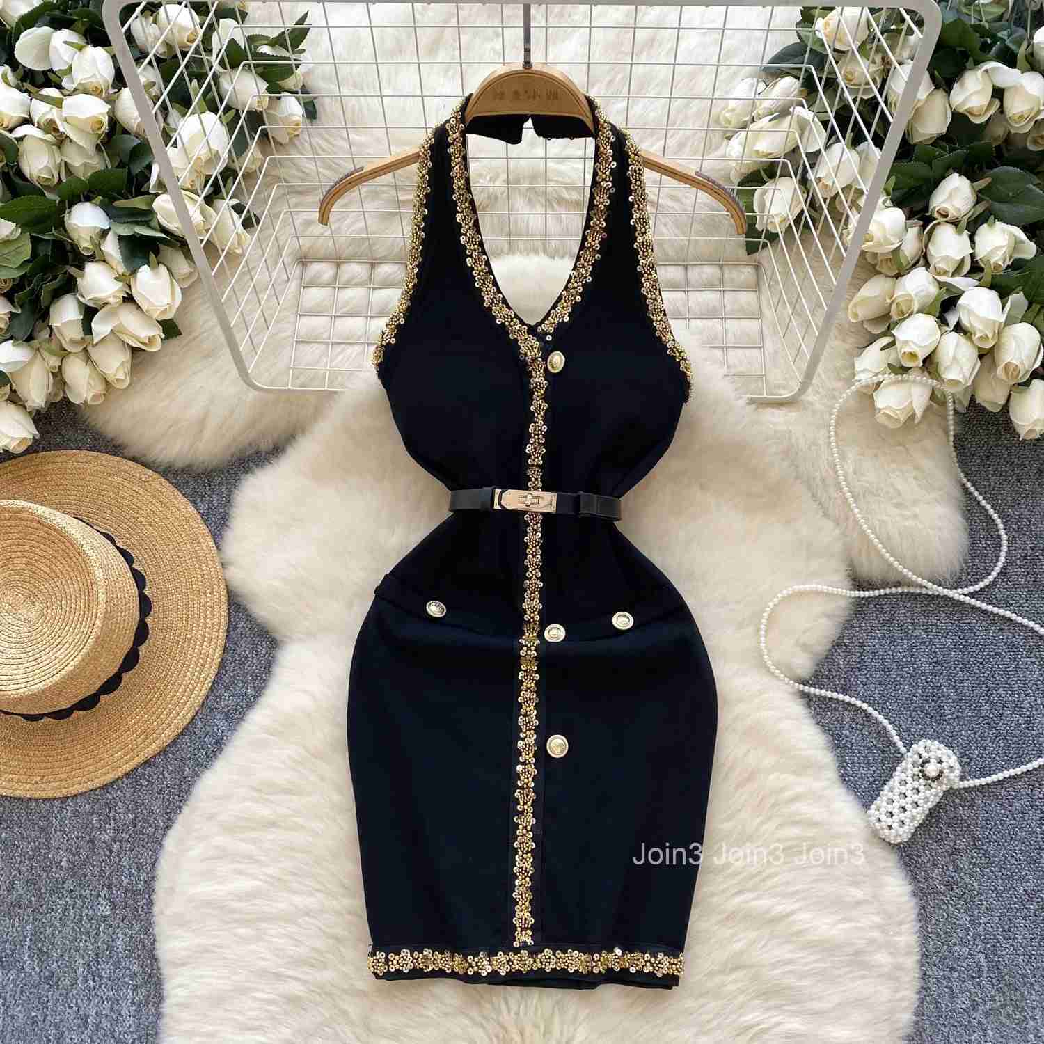 Hotsweet Sequin Embroidered Beads Belt Elegant Backless Halter V-neck Sleeveless Slim Pencil Dresses French High Street Clothing