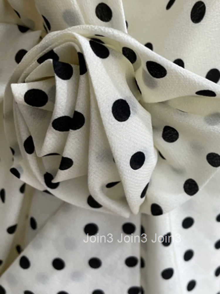 Elegant Party Dress Summer V-Neck Half Puff Sleeves High Waist Line Bow Decoration Polka Dots Women Temperament Dress