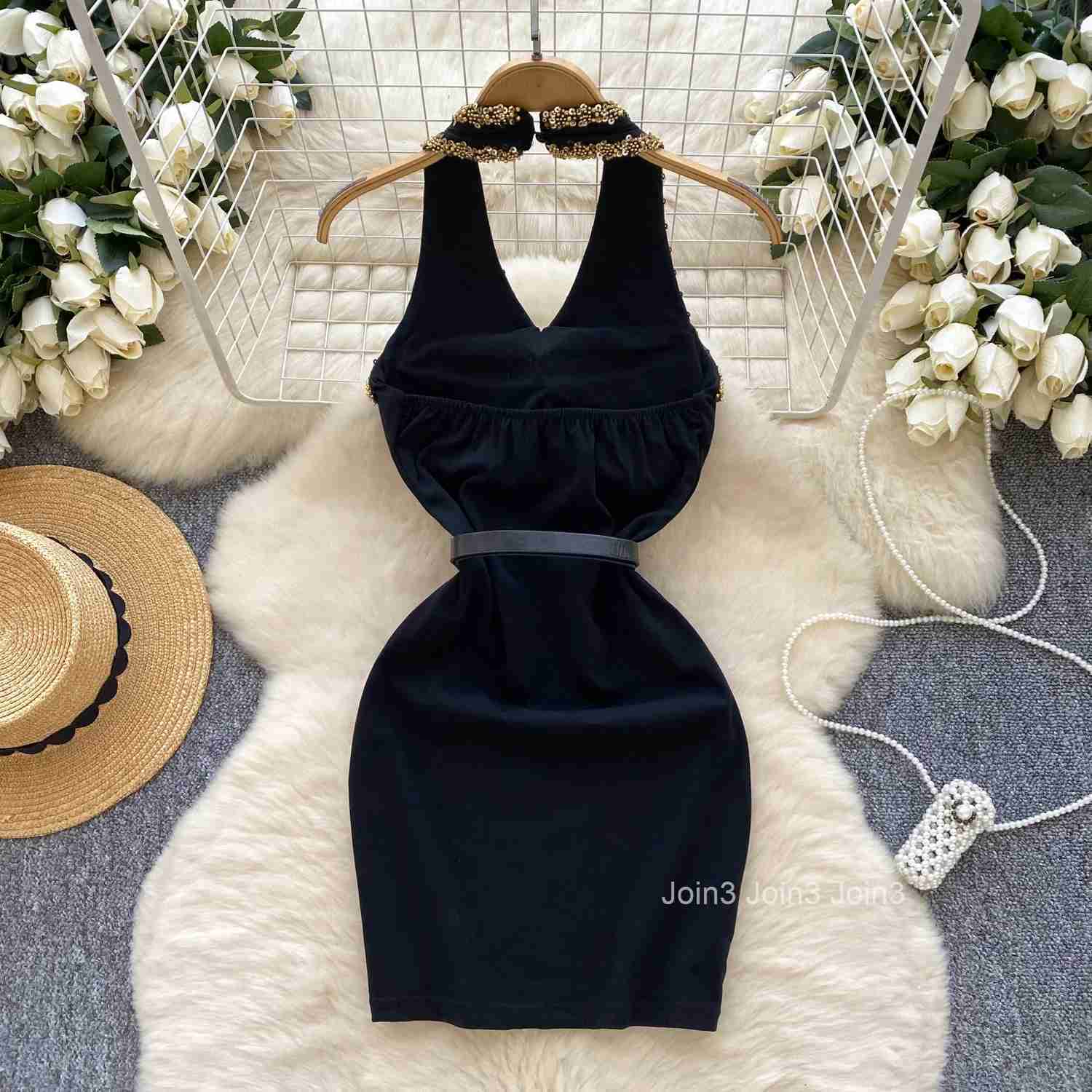 Hotsweet Sequin Embroidered Beads Belt Elegant Backless Halter V-neck Sleeveless Slim Pencil Dresses French High Street Clothing