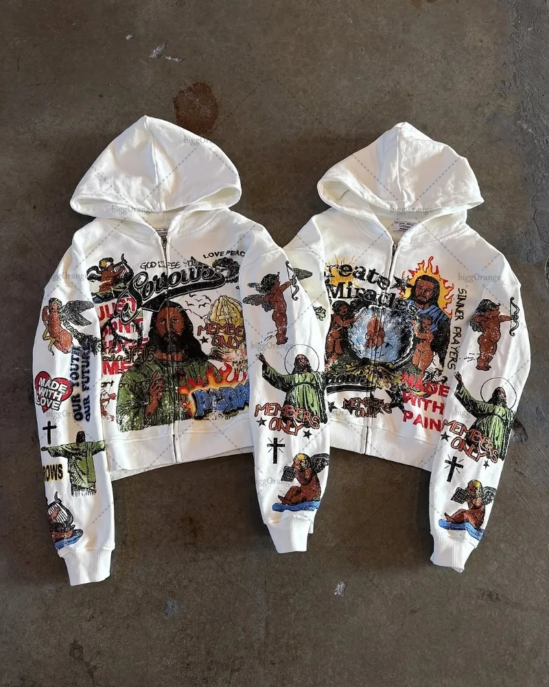 American Retro Harajuku Casual Loose Cotton Zipper Hoodie Men Street Hip-hop Fashion Versatile Oversized Sweatshirt Women250806